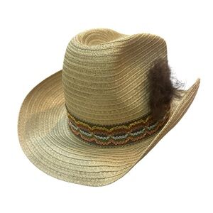 Bronco-Buster Woven Cowboy Hat Wide Multicolor Woven Band Feather Size 7